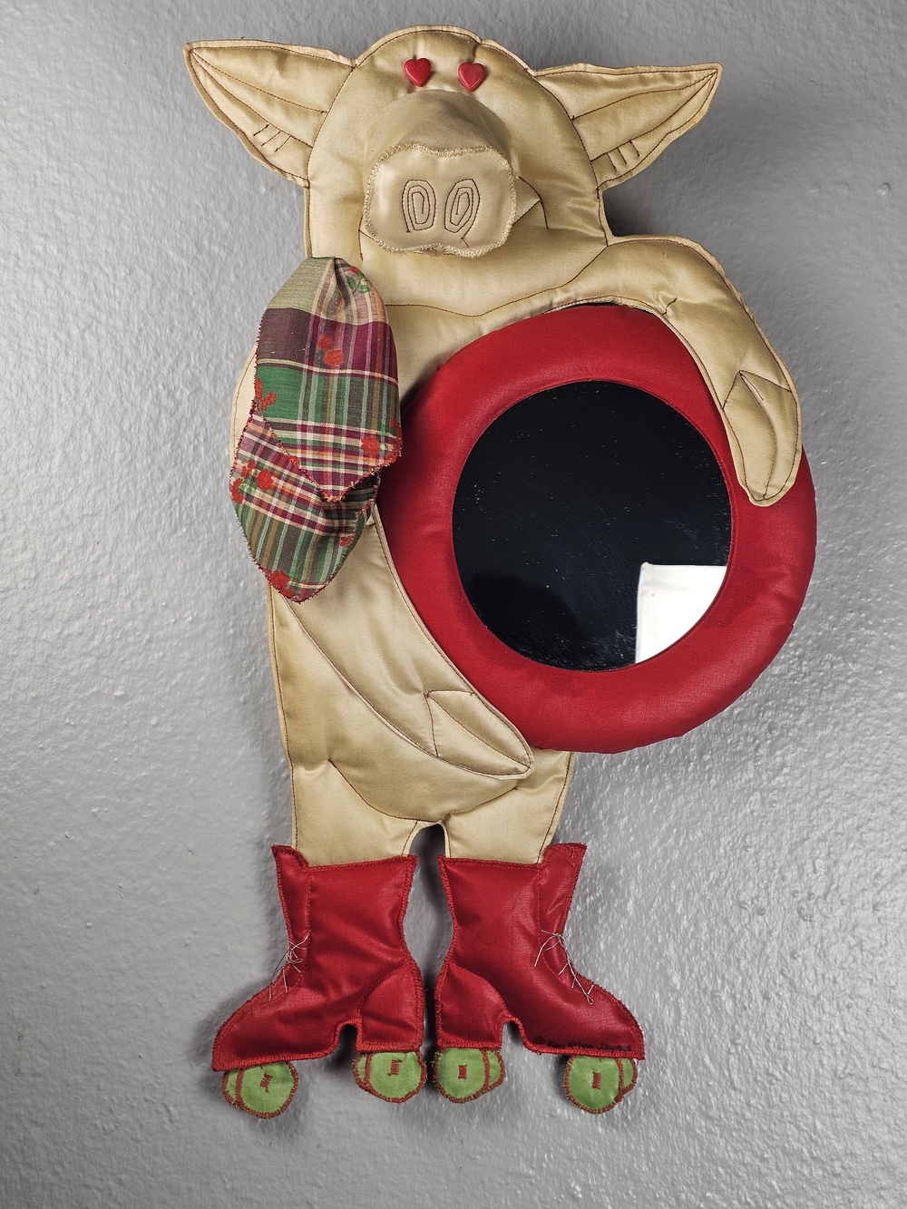 Vintage 70s/80s Kay Ellen Jaynes Handmade Pig Holding Mirror Xmas Scarf Skates